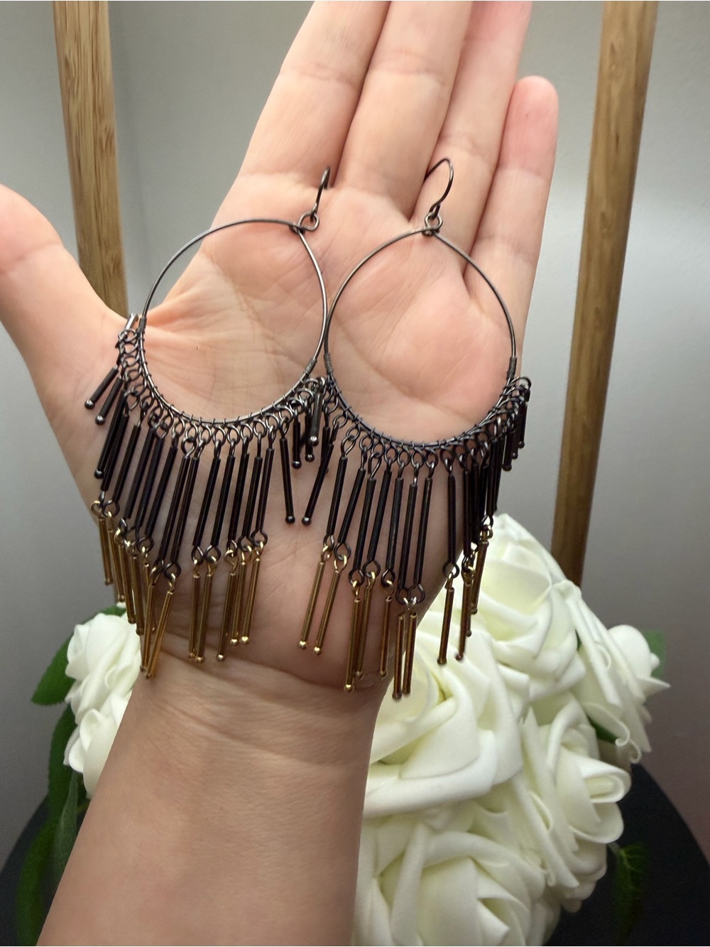 Fringe Hoop Earrings in Black and Gold - Women's Jewelry
